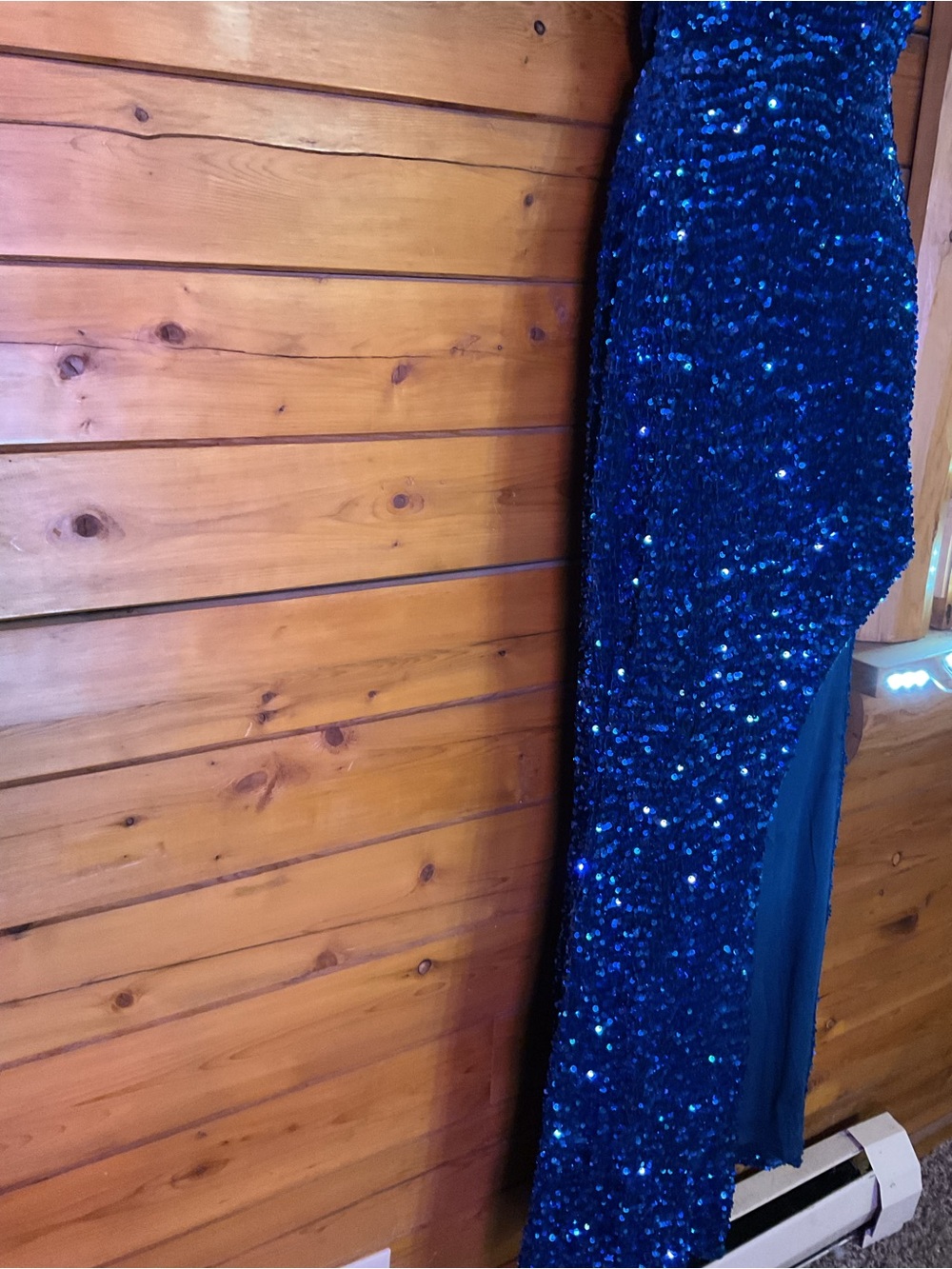 One-Shoulder Navy Sequin Evening Gown w/ slit hem and Open Back - Picture 10 of 14